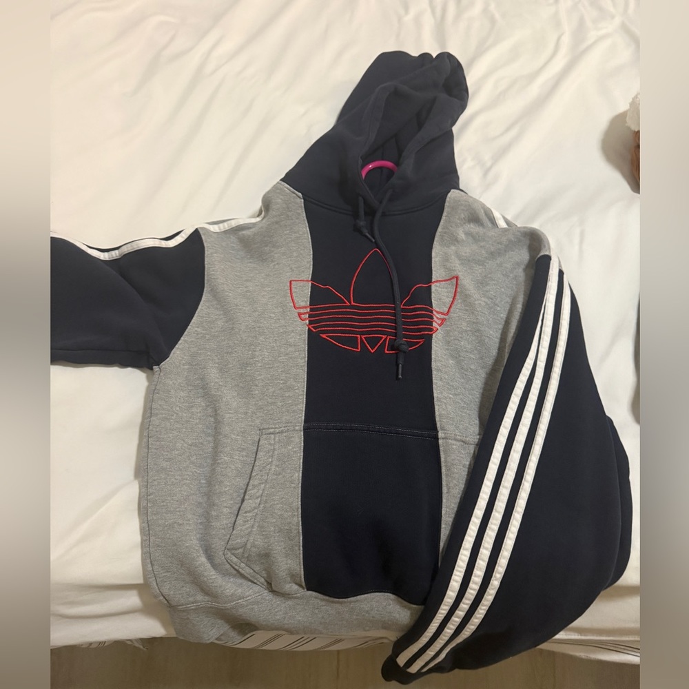 Adidas originals navy blue and grey Hoodie with Red Stitching size small women’s